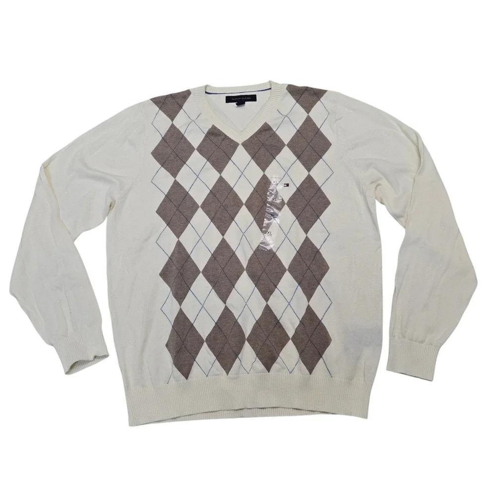 Tommy Hilfiger Argyle V-Neck Cotton Sweater Beige Tan w Flag Logo Men's XL NWT